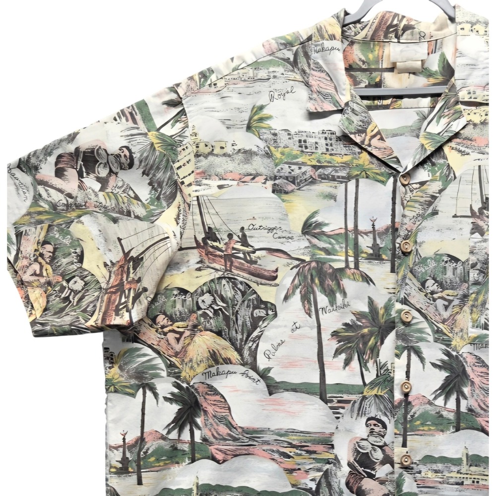 Vtg KY'S Hawaii Scenic Map Novelty Shirt Mens 3XL Cotton Wood Buttons Oahu Hula